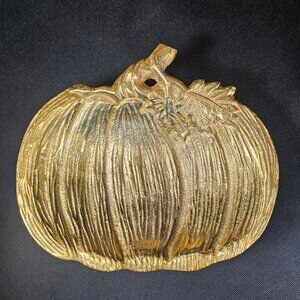 Gold Toned Metal Textured Pumpkin Table Tray Fall Decor